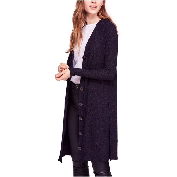 Free People Sweaters - Free People Sparkly Cardigan Size M Navy Glitter Long Button V-Neck EUC B56